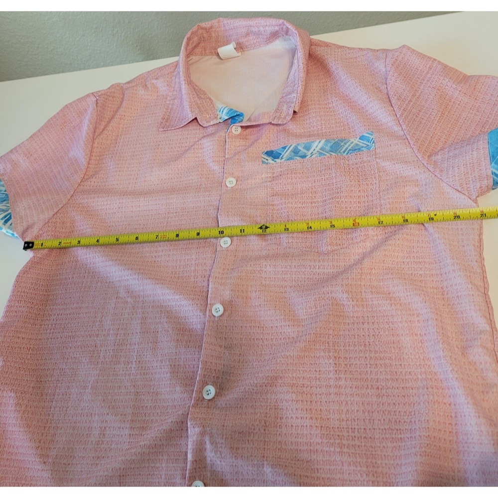 Unbranded Short Sleeve Button Down Men Medium Pink Plaid Trim Textured Shirt - Picture 4 of 6